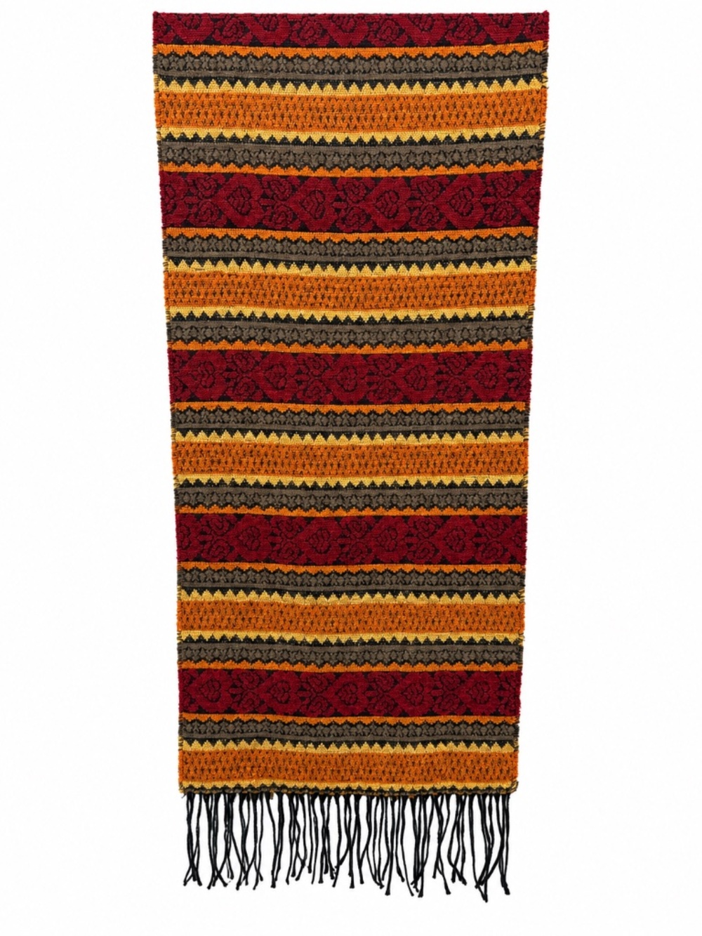 Jacquard Made in Italy Woven Scarf Burgundy Mustard Gold Striped Floral Fringe